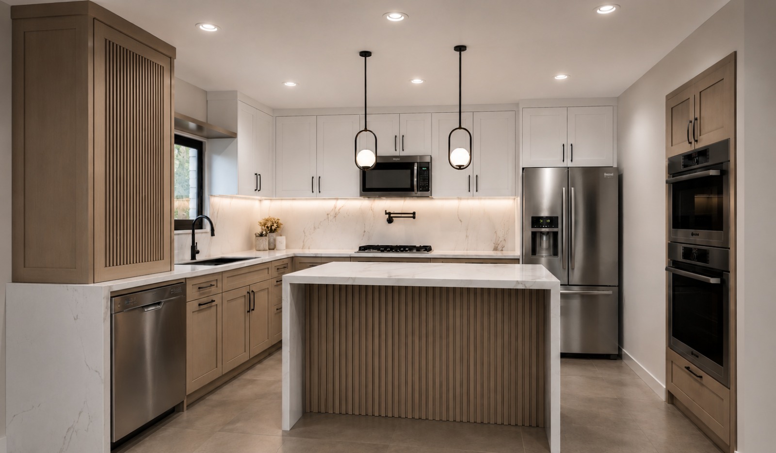 Render fotorrealista de cocina moderna vista completa